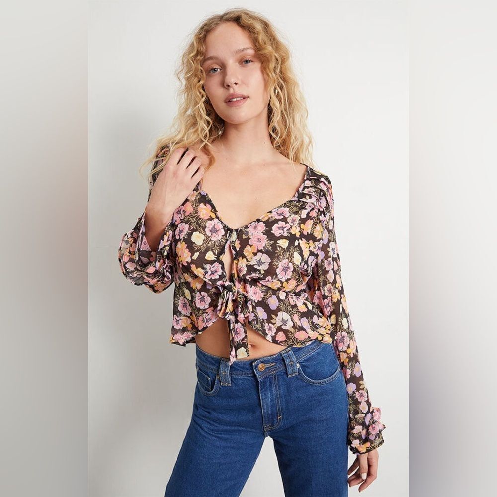 FREE PEOPLE Maybel Sheer Floral Tie Front Peplum Top Crop Black Pink Small New